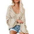 thumbnail image 5 of Qiylii Women Loose Knitwear, U-shaped Collar Balloon Sleeve Stripe Pattern Tops, 5 of 7
