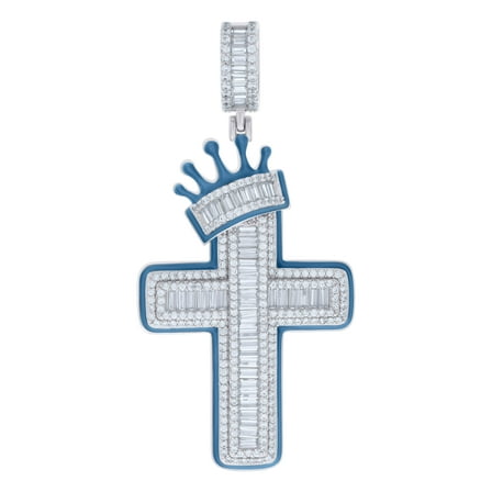 925 Sterling Silver Mens Baguette Round Cubic-Zirconia Blue Enamel Crown Cross Religious Charm Pendant