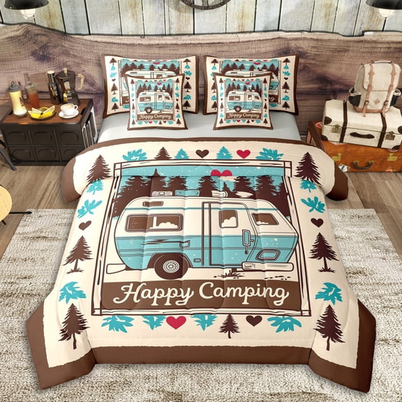 Erosebridal Happy Camping Twin Bedding Sets 7-Piece for Kids Teens,Adventure Theme Bedding Comforter Set for Boys Girls,Grey Reversible,Lightweight Room Decor