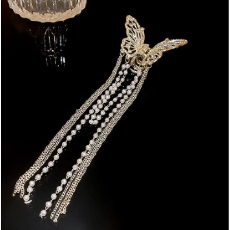 Butterfly Hair Clip With Long Tassel Hair Accessories For Women Elegant lmitationPearl Rhinestone Shark Hairpins Jewelry
