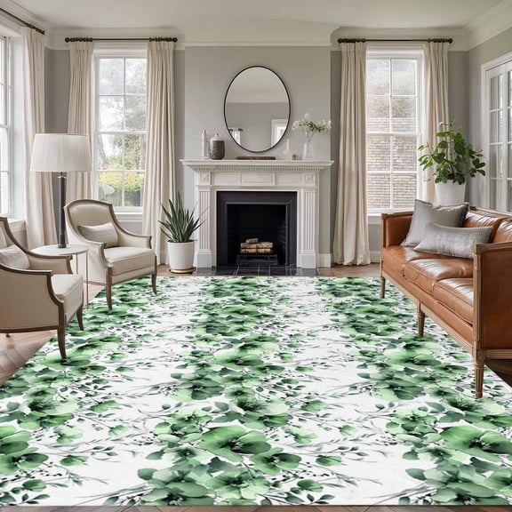 Green Floral Area Rug 8x10 Washable Rug Non Slip Vintage Farmhouse Garden Flower Leaves Large Area Rug Soft Stainresistant Indoor Floor Carpet for Living Room Bedroom Home Office Dining Room Nursery