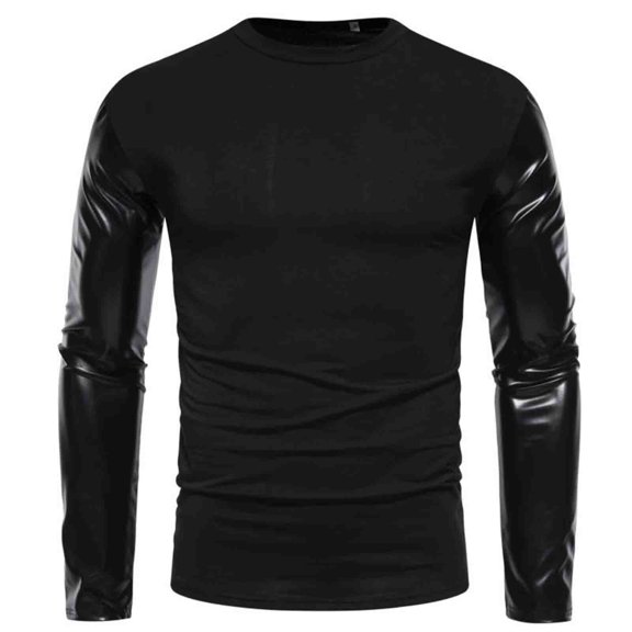 SHTXOZHI Men's Long Sleeve Leather Shirts Crewneck Solid Color Casual Shirts Fall Fashion Tops