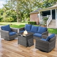 thumbnail image 2 of PARKWELL 4 Pieces Outdoor Sofa Furniture Sets with 30" Fire Pit Table and Swivel Glider for Patio Garden Poolside Deck,Gray Wicker and Navy Cushions, 2 of 8