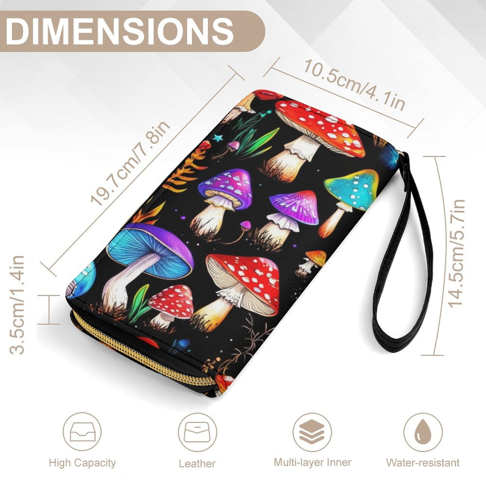 Womens Wallet Bifold Ladies Cluth Bag Wristlet Wrist Strap Long Purse Fantasy Mushroom Design