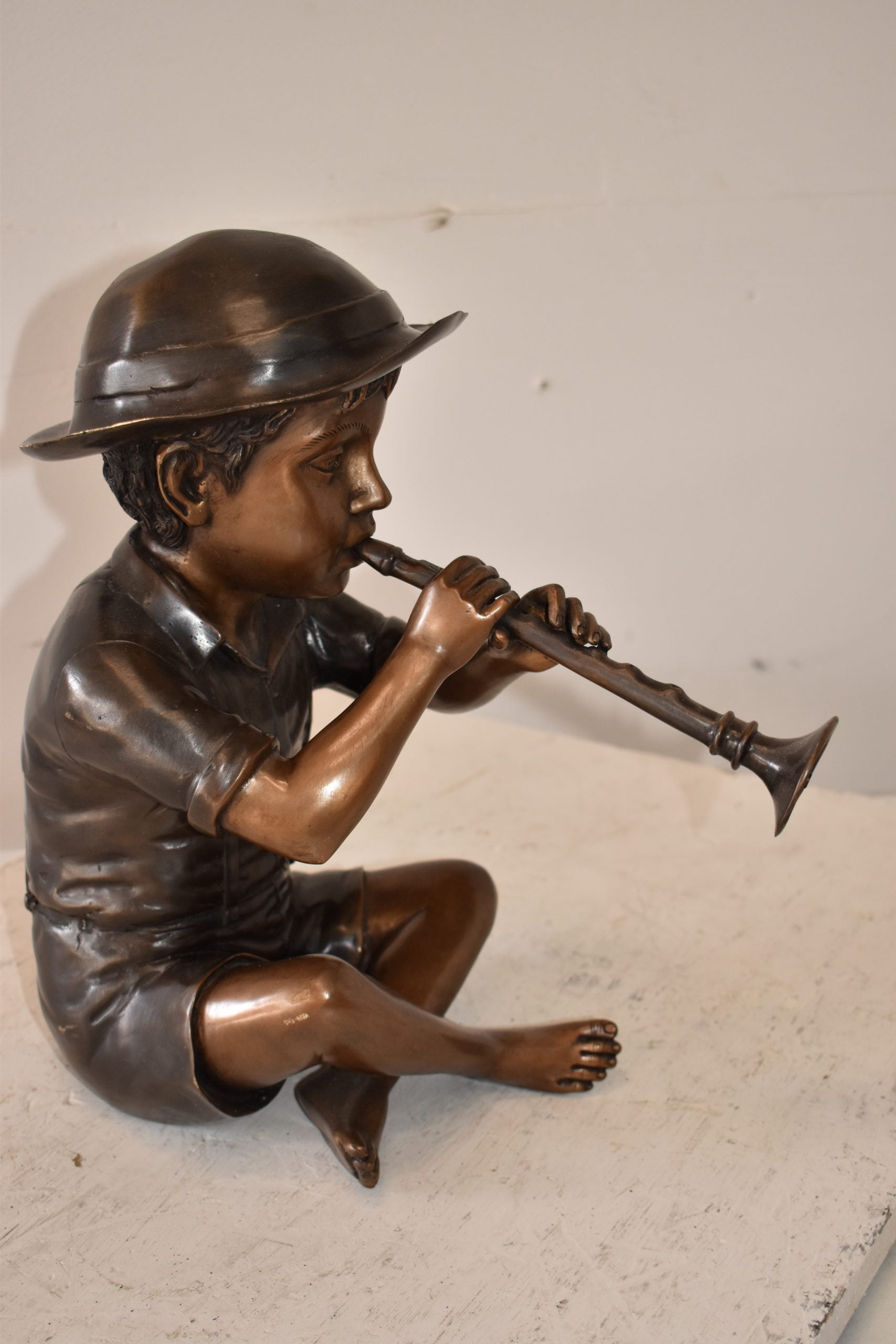 Nifao Little Boy Playing Flute 13" x 8" x 15"H – Outdoor Bronze Fountain, Garden Water Feature, 13"L x 8"W x 15"H