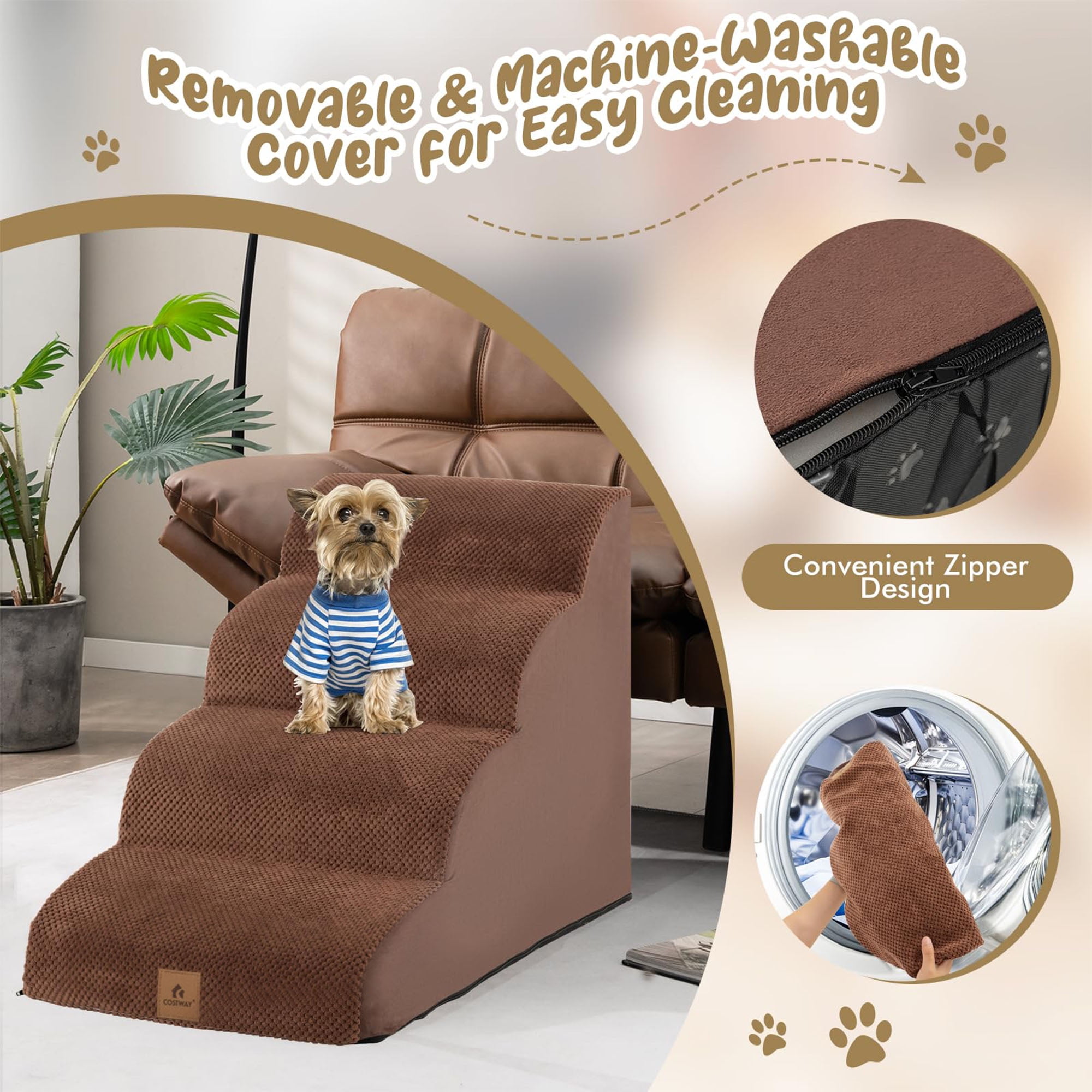 resenkos 28" Pet Stairs for Small Dogs, 4-Step Dog Ramp for Beds and Couch, Non-Slip Balanced Indoor Step, Brown