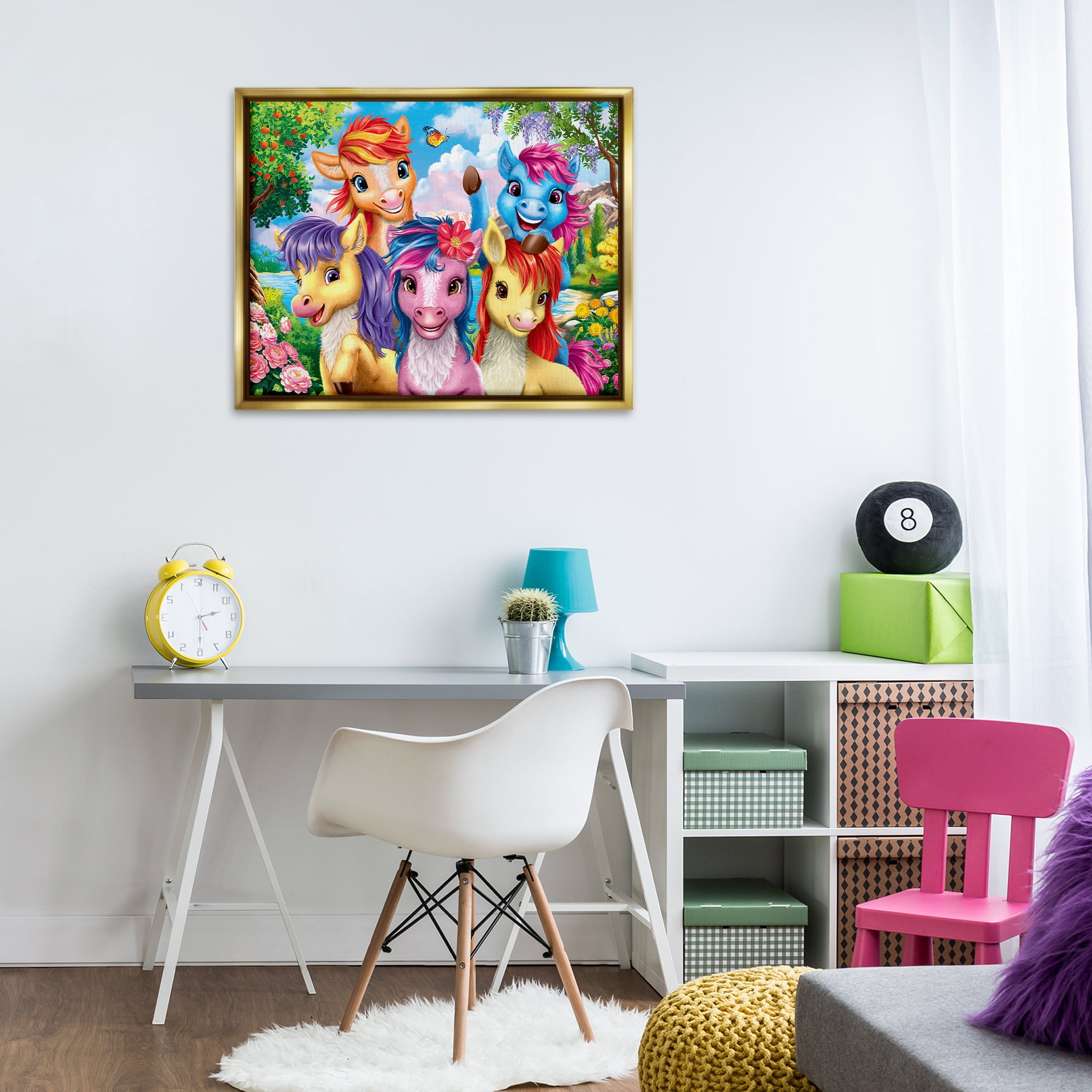 Stupell Industries Bright Ponies Selfie Fantasy & Sci-Fi Painting Gold Floater Framed Canvas Art Print Wall Art, 31 x 25