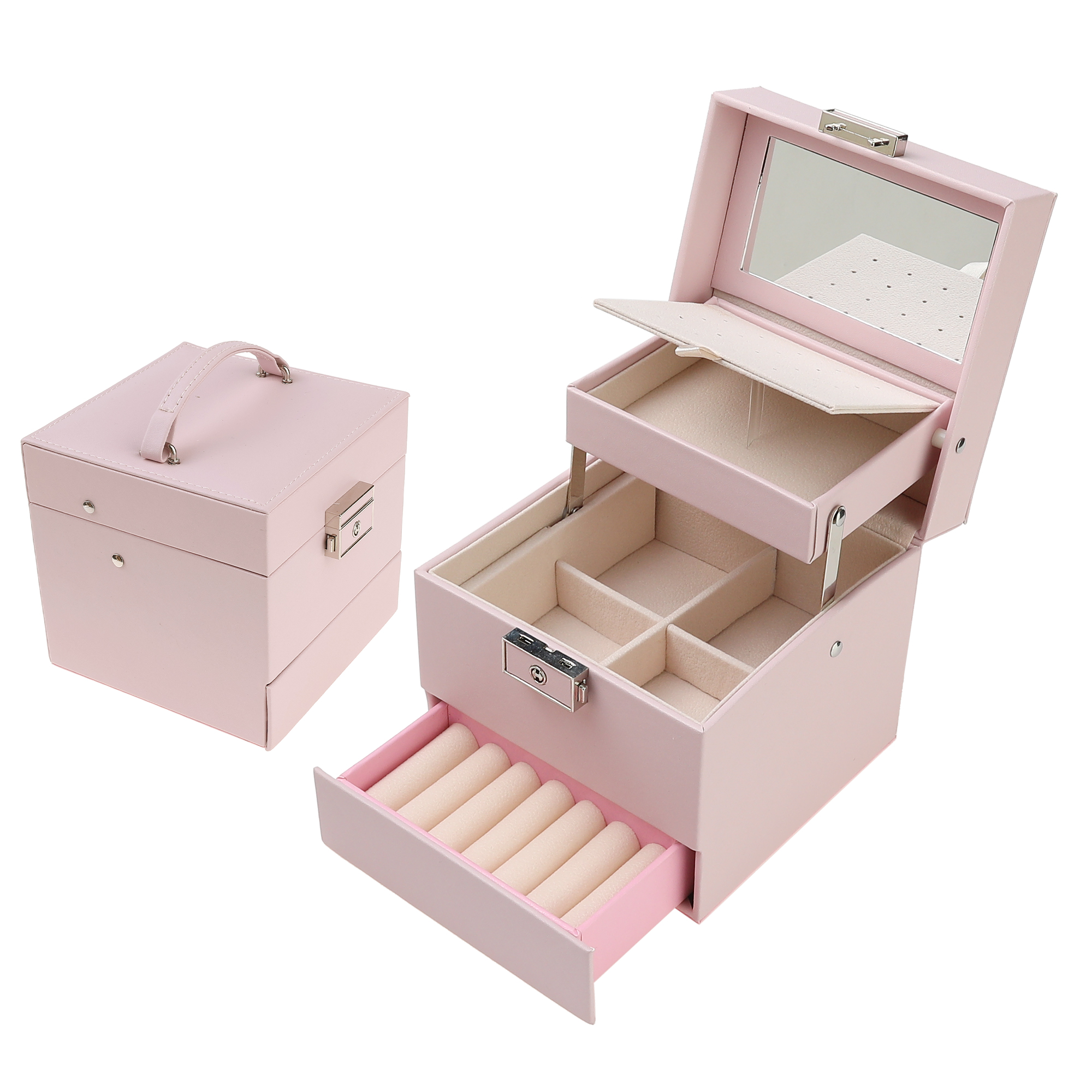 Unique Bargains 3 Layer Jewelry Box with Mirror PU Leather Jewelry Organizer for Women Pink