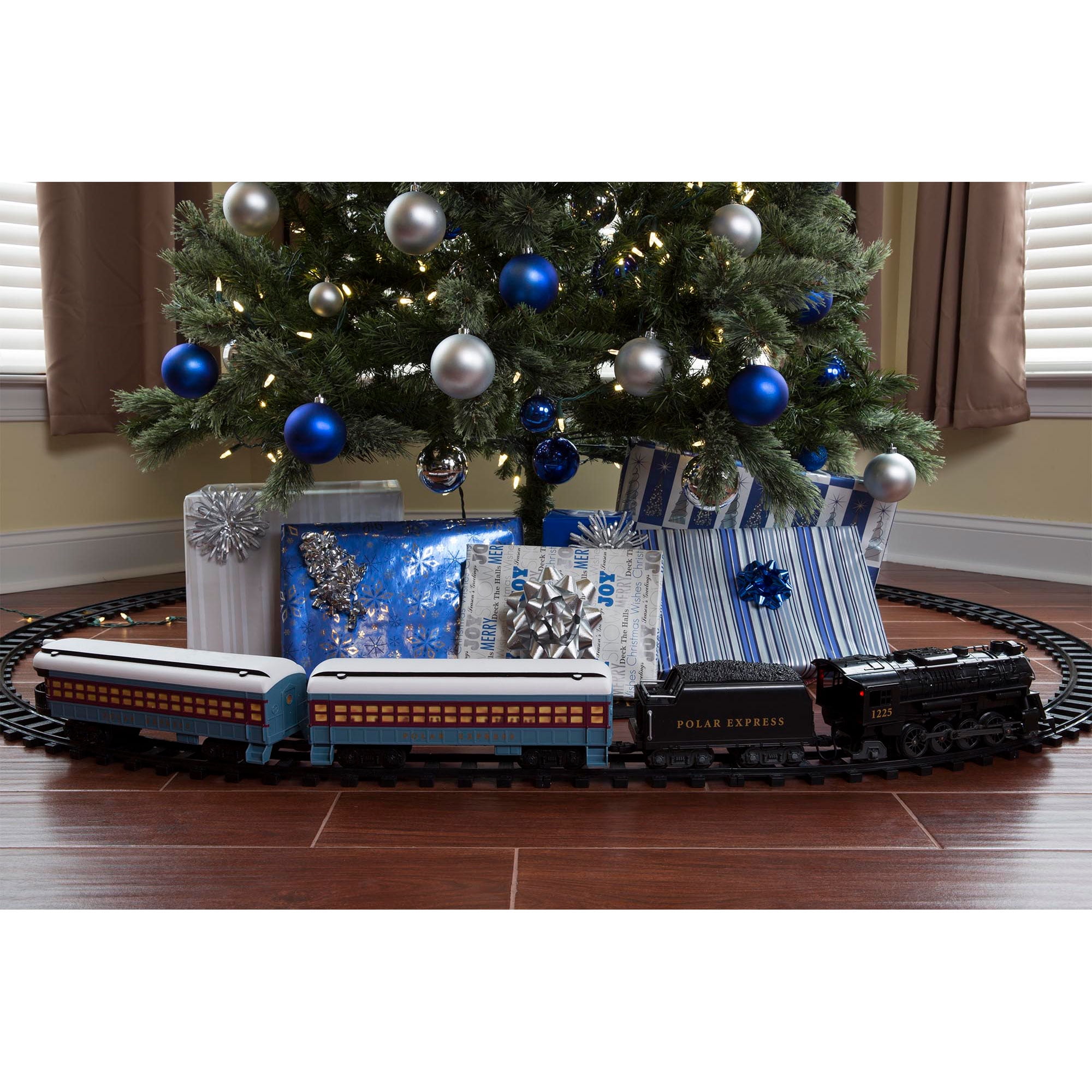 polar express train around christmas tree