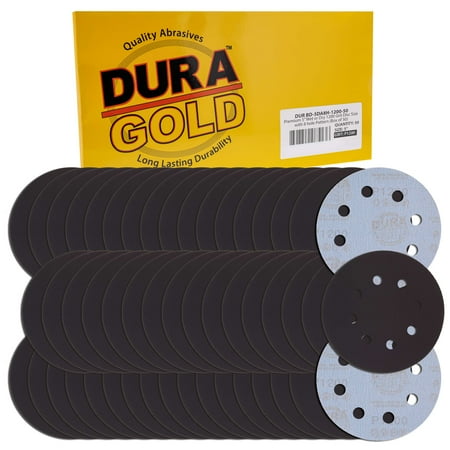 

Dura-Gold Premium 5\ 8-Hole Wet or Dry Sanding Discs - 1200 Grit Box of 50 - High-Performance Sandpaper Discs with Hook & Loop Backing Fast Cutting Silicon Carbide Color Sanding Car Polishing