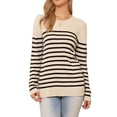 thumbnail image 1 of INSPIRAR CHIC Suéter a Rayas para Mujer con Hombros Caídos, Cuello Redondo, Manga Larga, Pulóver de Bloques de Color XS Beige Negro, 1 of 6