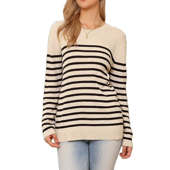 INSPIRE CHIC Striped Sweater for Women's Drop Shoulder Crew Nek Long Sleeve Color Block Pullover Knitted Tops XS Beige Black