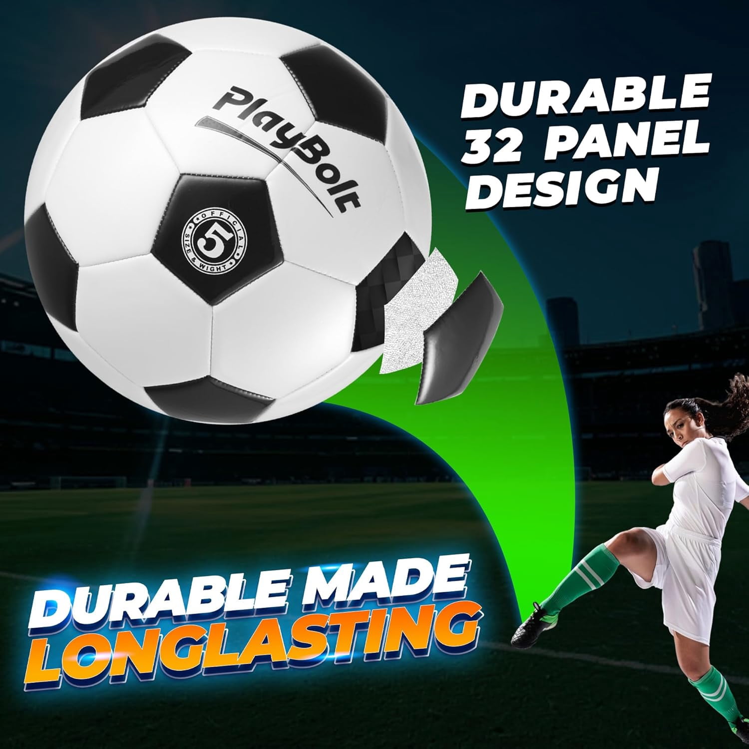 PlayBolt Soccer Ball Size 5 – 1 Pack PVC Soccer Ball with Hand Pump for Teens & Adults – Match, Training & Outdoor Play