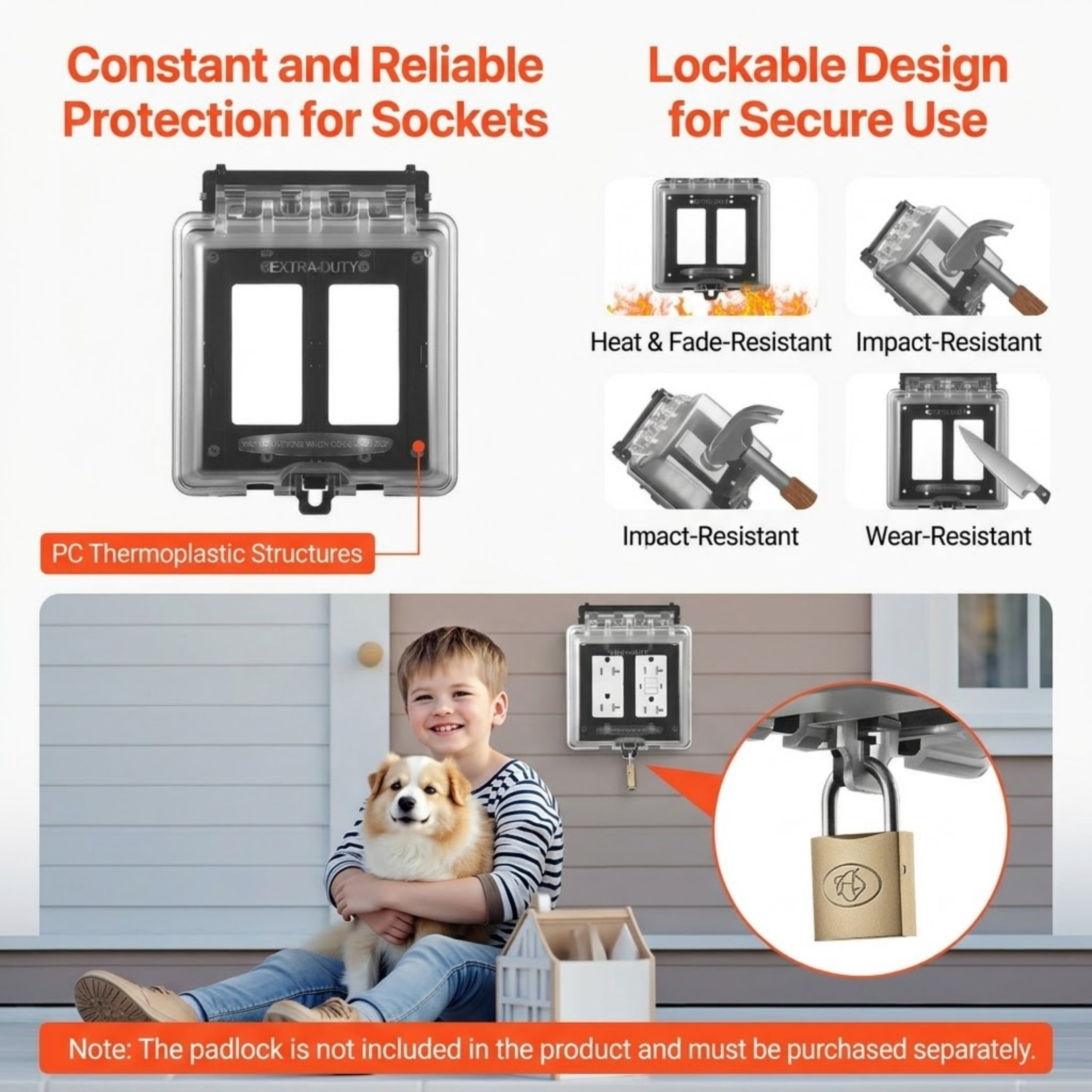 2-Gang Weatherproof Outdoor Outlet Cover, Lockable Electrical Receptacle Protector, 12-in-1 Configurations, Clear