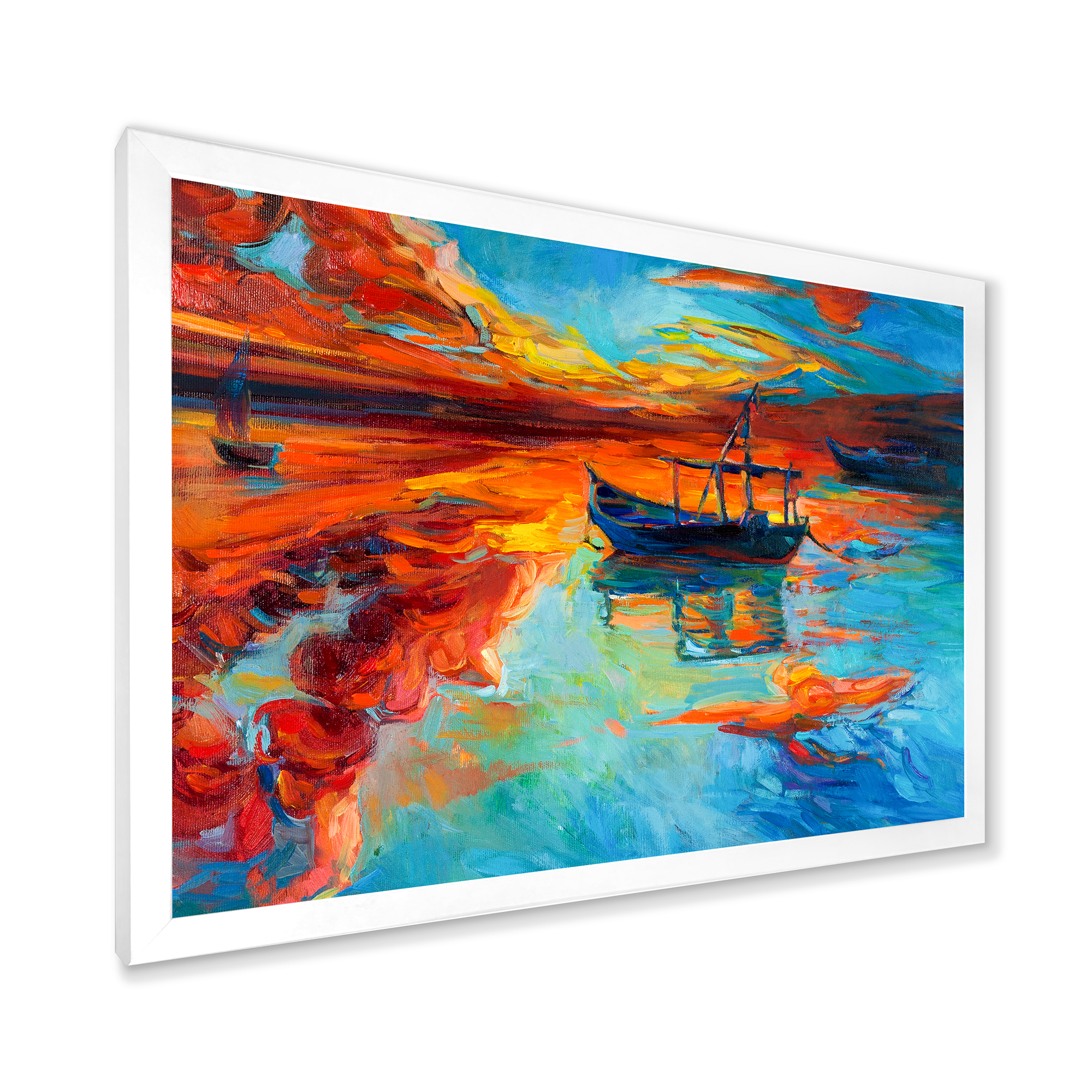 Boat At The Lake During Evening Glow IV 20 in x 12 in Framed Painting Canvas Art Print, by Designart