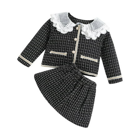 

Baby Girl Outfits Suit Autumn Sweet Doll Collar Jacket Waist Elastic Short Skirt Two Piece Set Clothes For Girls Black 5 Years-6 Years