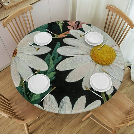 

SHERONV Daisies Leaves Painting Round Tablecloth Stain-Resistant 100% Polyester 54 -58