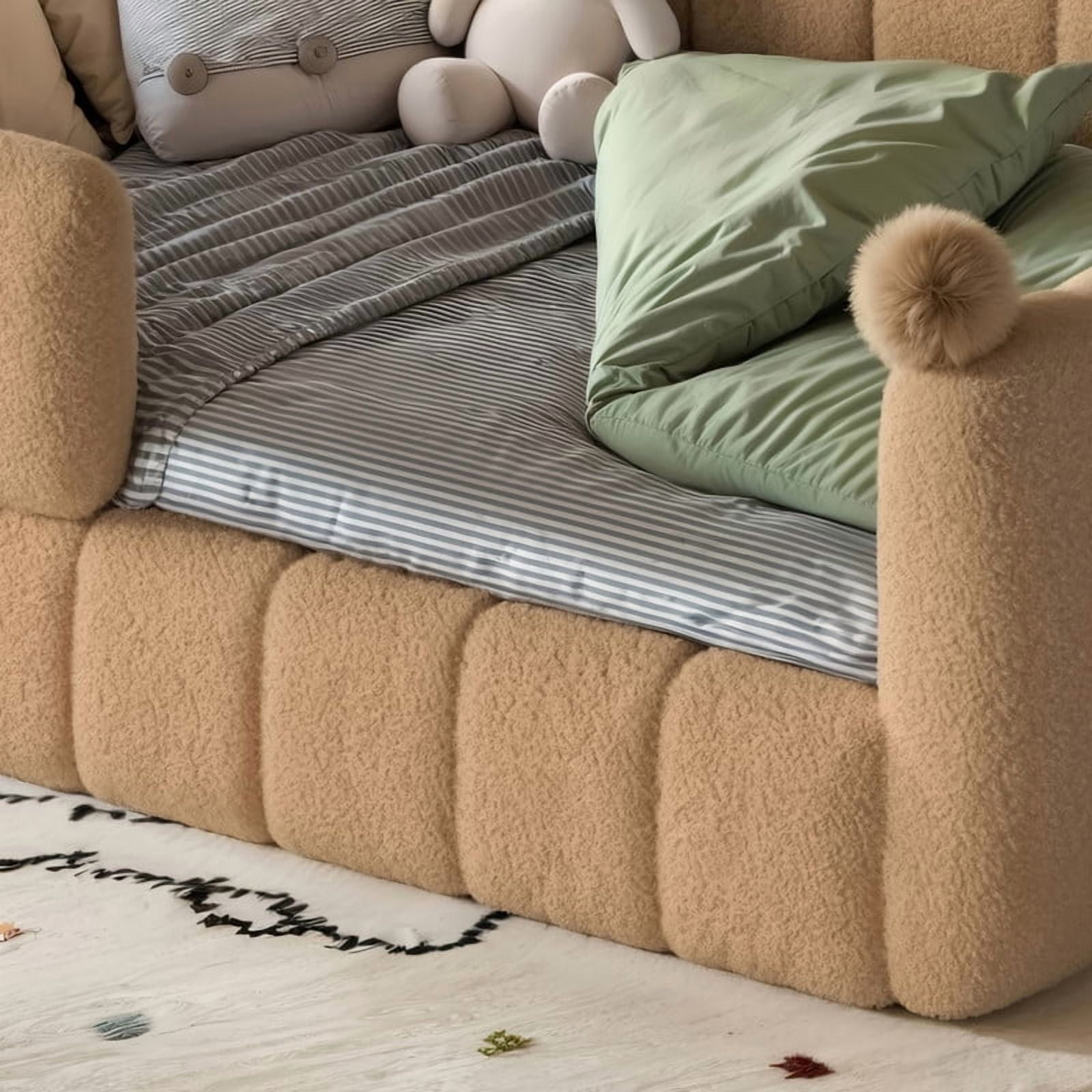 Bellemave Full Size Montessori Floor Bed, Upholstered Teddy Fleece Child Bed Frame with High Rails, 2-in-1 Daybed with Slats for Toddler Boys Girls, No Box Spring Needed,Natural