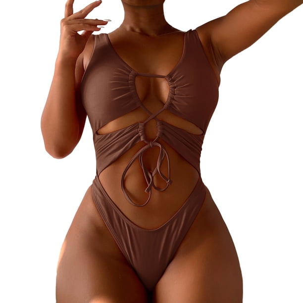 Gibobby Trajes de Baño Mujer Completo Bikini de mujer con tops Traje de baño sexy de verano de cuerdas Bikini de mujer adulta de cintura alta(Café,CH)