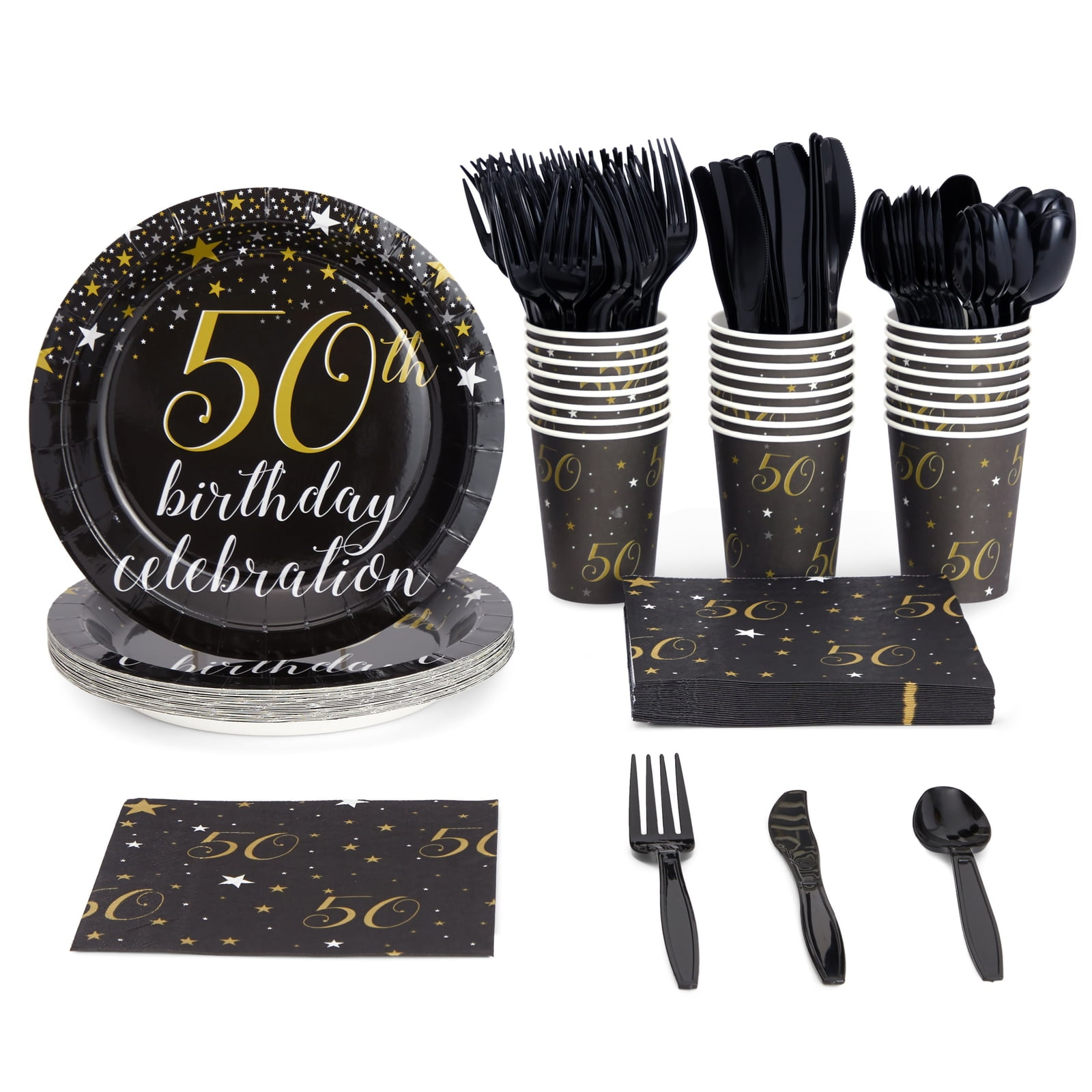 144 Pieces 50th Birthday Party Supplies with Paper Plates, Napkins, Cups, Cutlery, Black, Gold, Serves 24