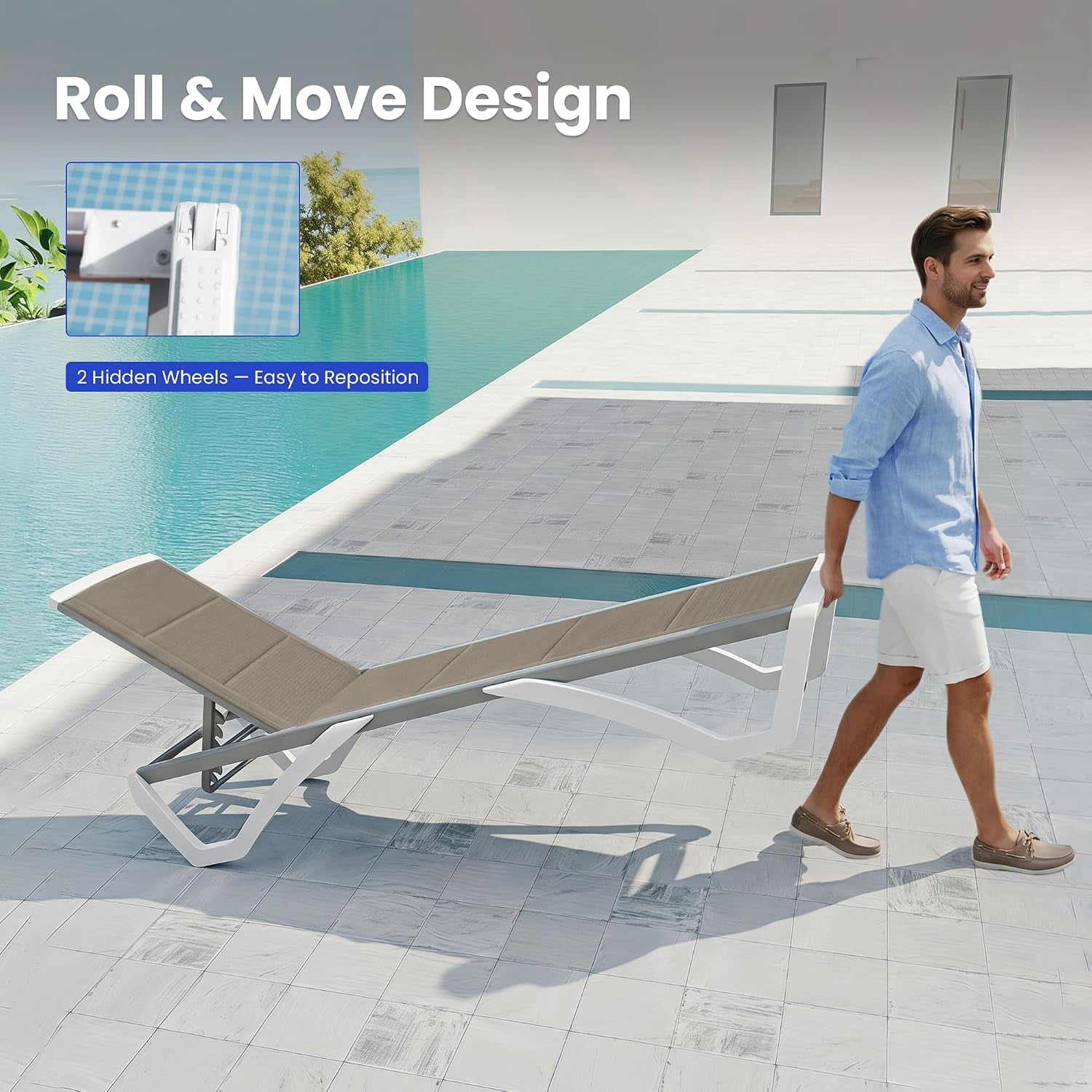 3D Pool Patio Lounger Chair Outdoor Chaise Lounge Chair, Brown, Aluminum Frame, All Weather Pool Lounge Chair for Deck Lawn Backyard