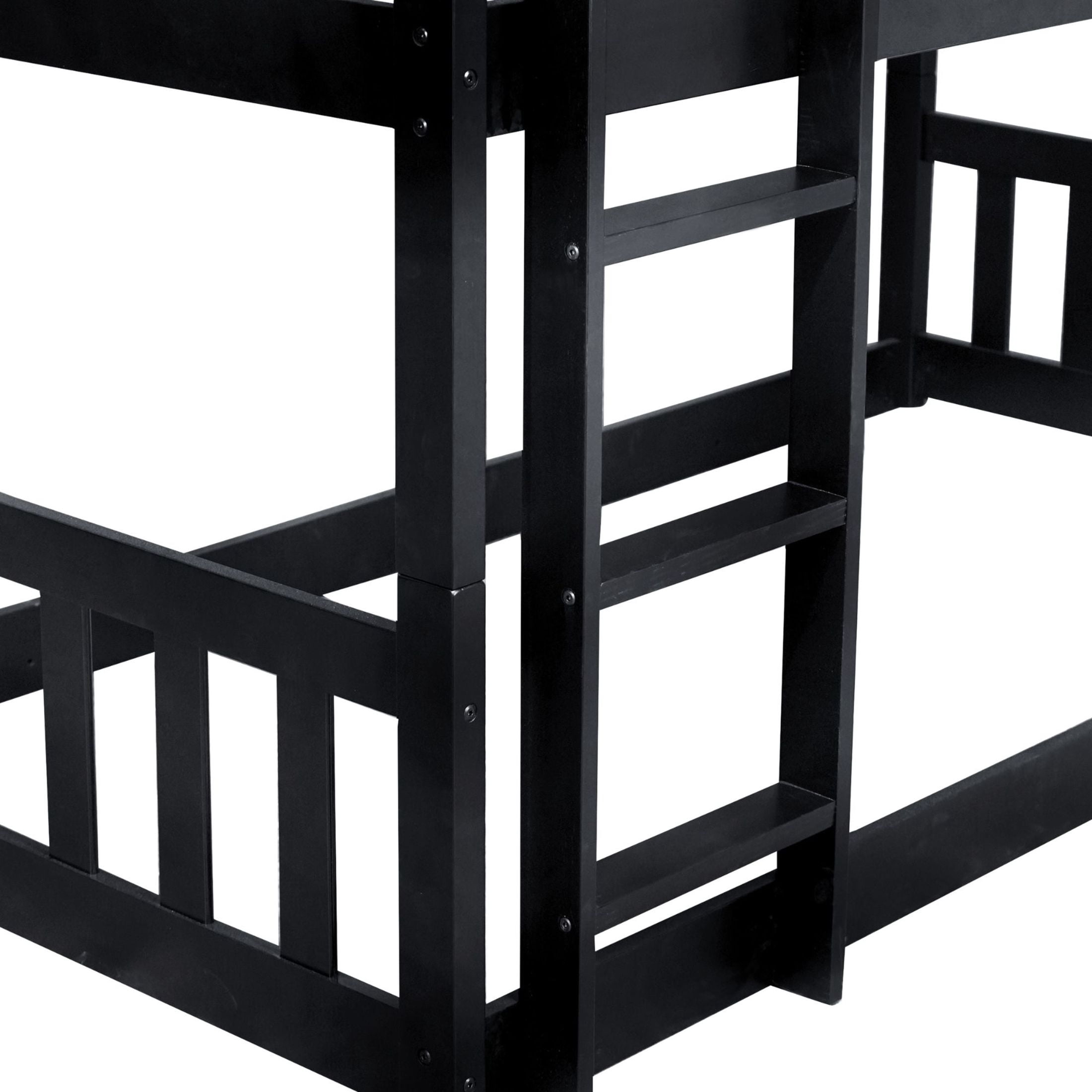 Noble House Lydia Triple Rubber Wood Bunk Bed, Convertible Twin over Twin over Twin with Guardrails and Ladders, Black