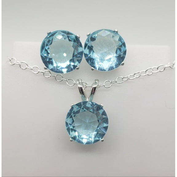 Round Aquamarine Sterling Silver Earring/Necklace Set