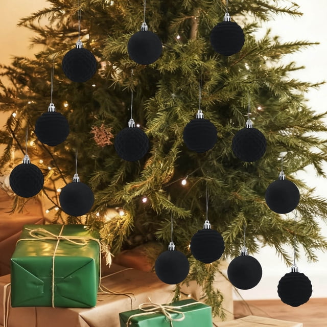 Seyotauo 16 Pcs Velvet Christmas Ball Ornaments -Flocked Shatterproof Christmas Tree Decorations Plastic Xmas Decorative Hanging Ornaments for Xmas Home Decor,4 Style