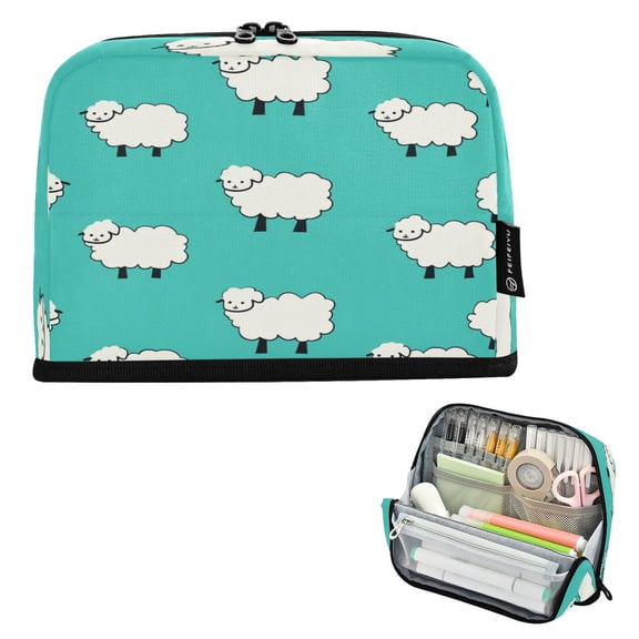 Standing Pencil Case with Base Large Capacity Stationery Pouch Pen Bag with Zipper for Women Men Little White Sheep