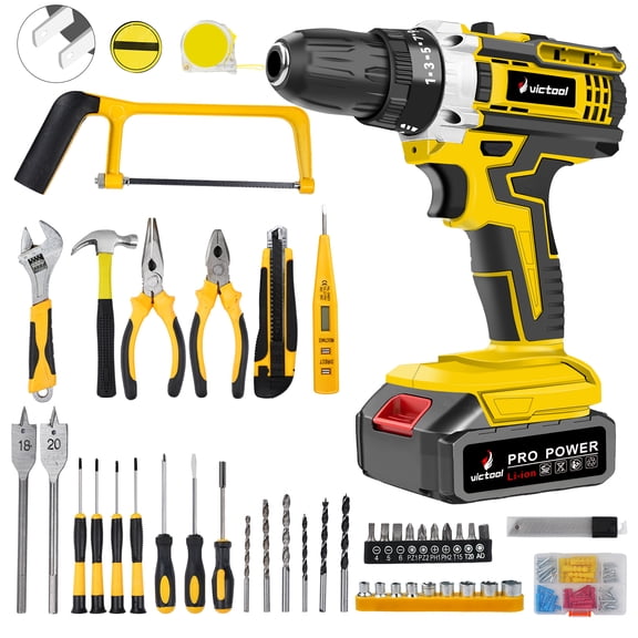 Victool 21V Cordless Electric Drill Portable Impact Drill Combo Set Household Auto Repair Hand Tool Kit