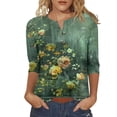 thumbnail image 2 of JTZGDY Plus Size Womens 3/4 Sleeve Tops Vintage Floral Printed Button V Neck Henley Shirts Loose Oversized Dressy Casual Tunic Blouse for Leggings Green#02 XXL, 2 of 7