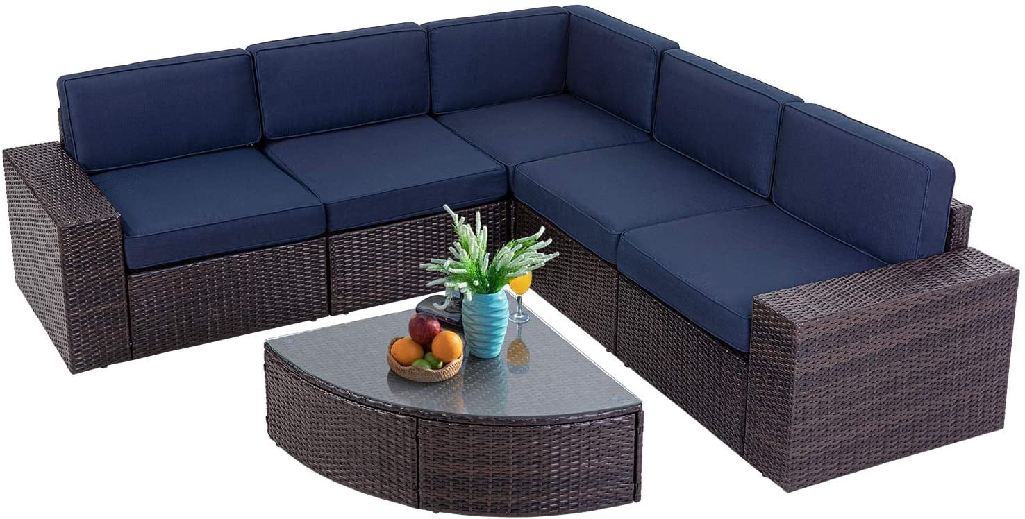SUNCROWN 6-Piece Patio Furniture Sets Brown Wicker Outdoor Conversation Set with Coffee Table and Navy Blue Cushions