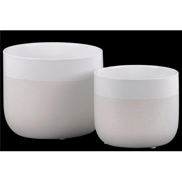 Urban Trends Collection 11441 Ceramic Round Pot with Banded White Rim Top - Stipple Design Body & Tapered Bottom, Matte & Cream - Set of 2