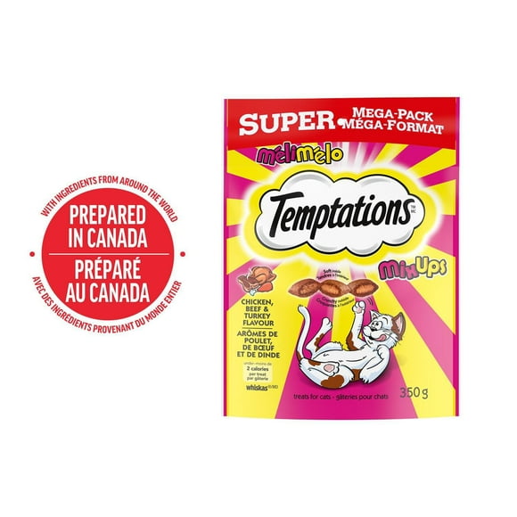 Gâteries pour chats Temptations Mélimélo arômes de poulet, de bœuf et de dinde, tendres à l'intérieur, croquantes à l'extérieur 350 g