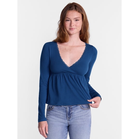 No Boundaries Babydoll Top with Long Sleeves, Women’s XXS-XXL