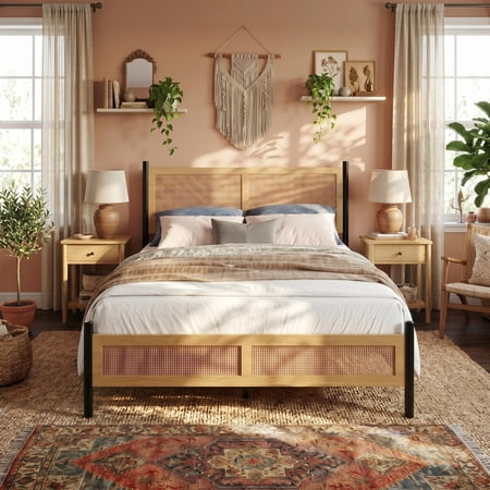 Queen Rattan Bed Frame With Woven Panel Headboard Footboard Combined Slatted Support Platform Bed For Bedroom Use, No Box Spring Needed, Easy Assembly