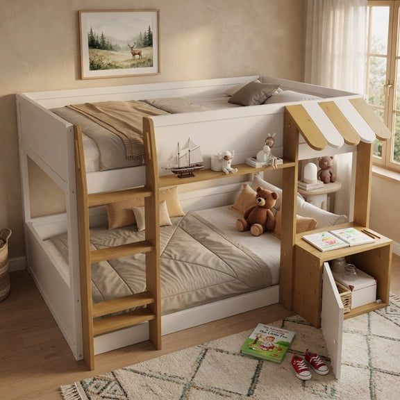 Twin Over Twin Bunk Bed with Desk and Storage, Solid Wood Bunk Bed with Ladder, USB Charging Ports for Bedroom, Space-Saving Bunkbed with Guardrail, White