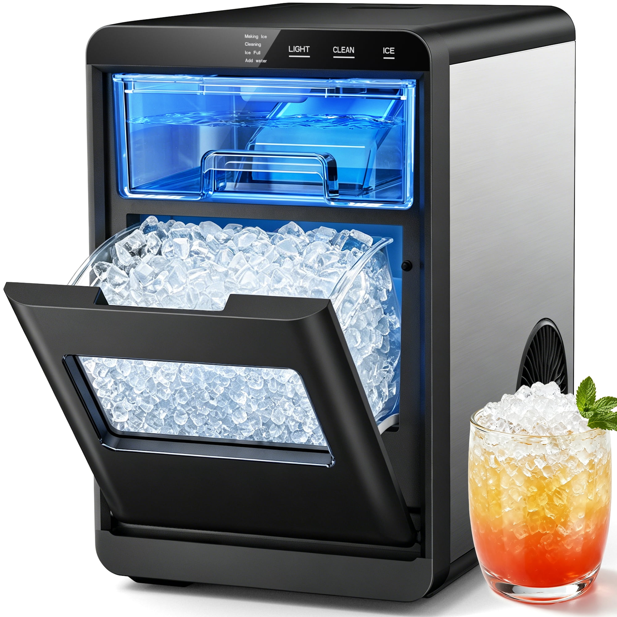 Snowyermine Nugget Ice Maker Countertop, 44 lbs per Day, Soft, Chewable Sonic-Style Pebble Ice, One-Touch Self-Cleaning, Stainless Steel, Black, for Home, Kitchen, Office, RV and Camping