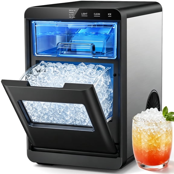 Snowyermine Nugget Ice Maker Countertop, 44 lbs per Day, Soft, Chewable Sonic-Style Pebble Ice, One-Touch Self-Cleaning, Stainless Steel, Black, for Home, Kitchen, Office, RV and Camping