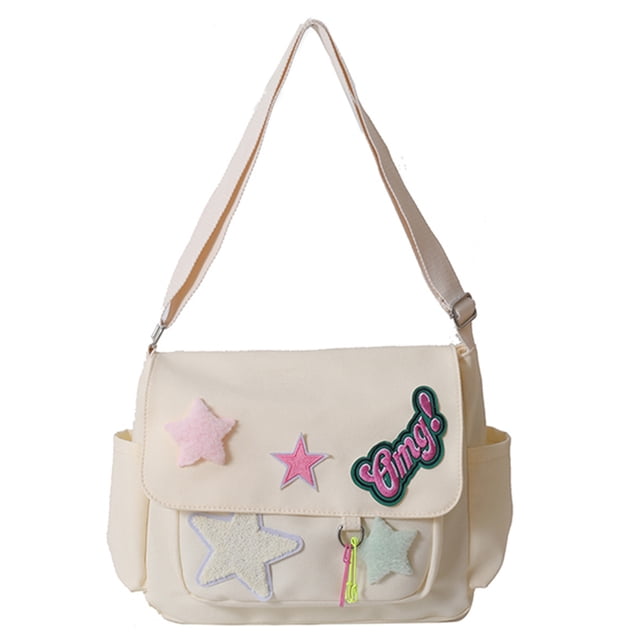 Bolso Mensajero Lindo para Mujer Lienzo Con Apliques Letras Y Estrellas para Adolescentes Y Estudiantes (blanco)