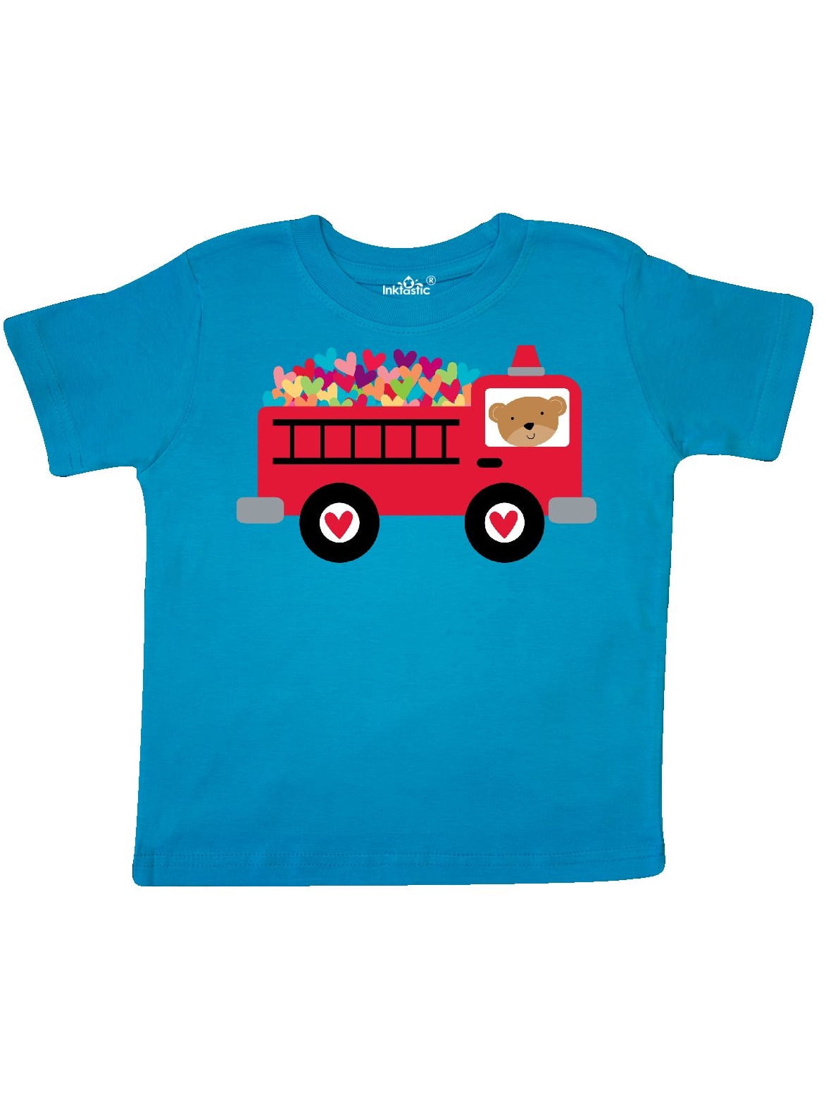 inktastic Valentine Fire Truck Heart Bear Toddler T-Shirt