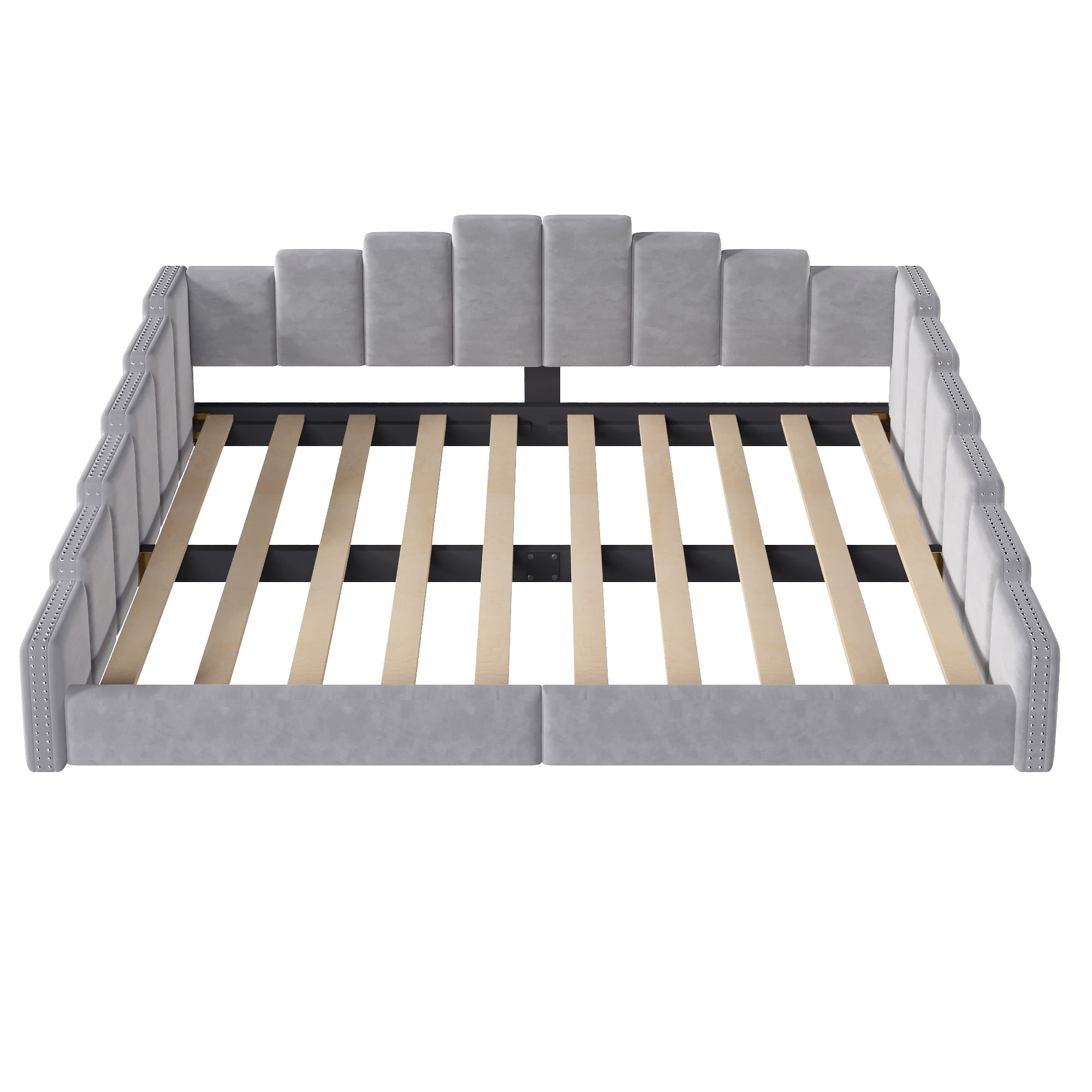 Euroco Upholstery Queen Size Daybed, Velvet Sofa Platform Bed with Nailhead Trim, No Box Spring Needed, Gray