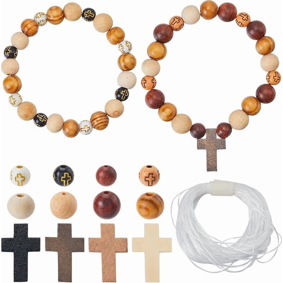 1 Box 280Pcs Wood Charms Wooden Beads Easter Rosaries Crucifix Bead Small Crosses Mini Charm Round Spacer Loose Beads for Jewelry Making Kits DIY Earrings Bracelet Necklace