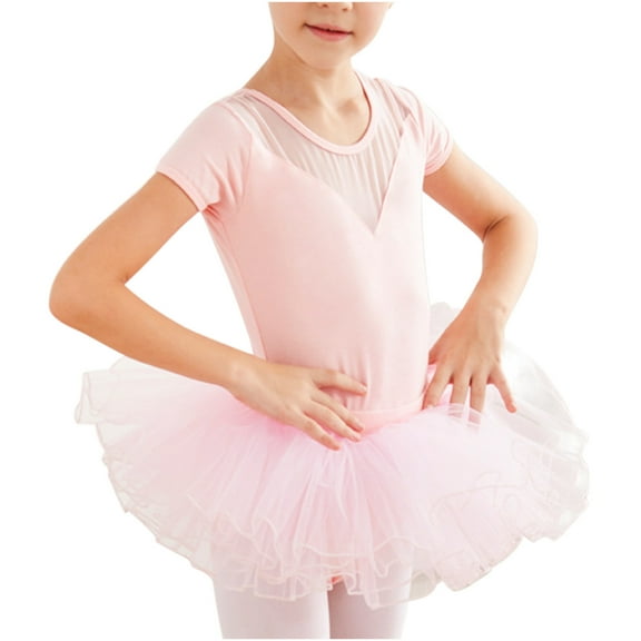 Fesfesfes Toddler Girls Children's Dance Outfit Suits Thin Short Sleeves Training Dancewear Suits Ballet One-piece Show Suits with Skirt On Sale