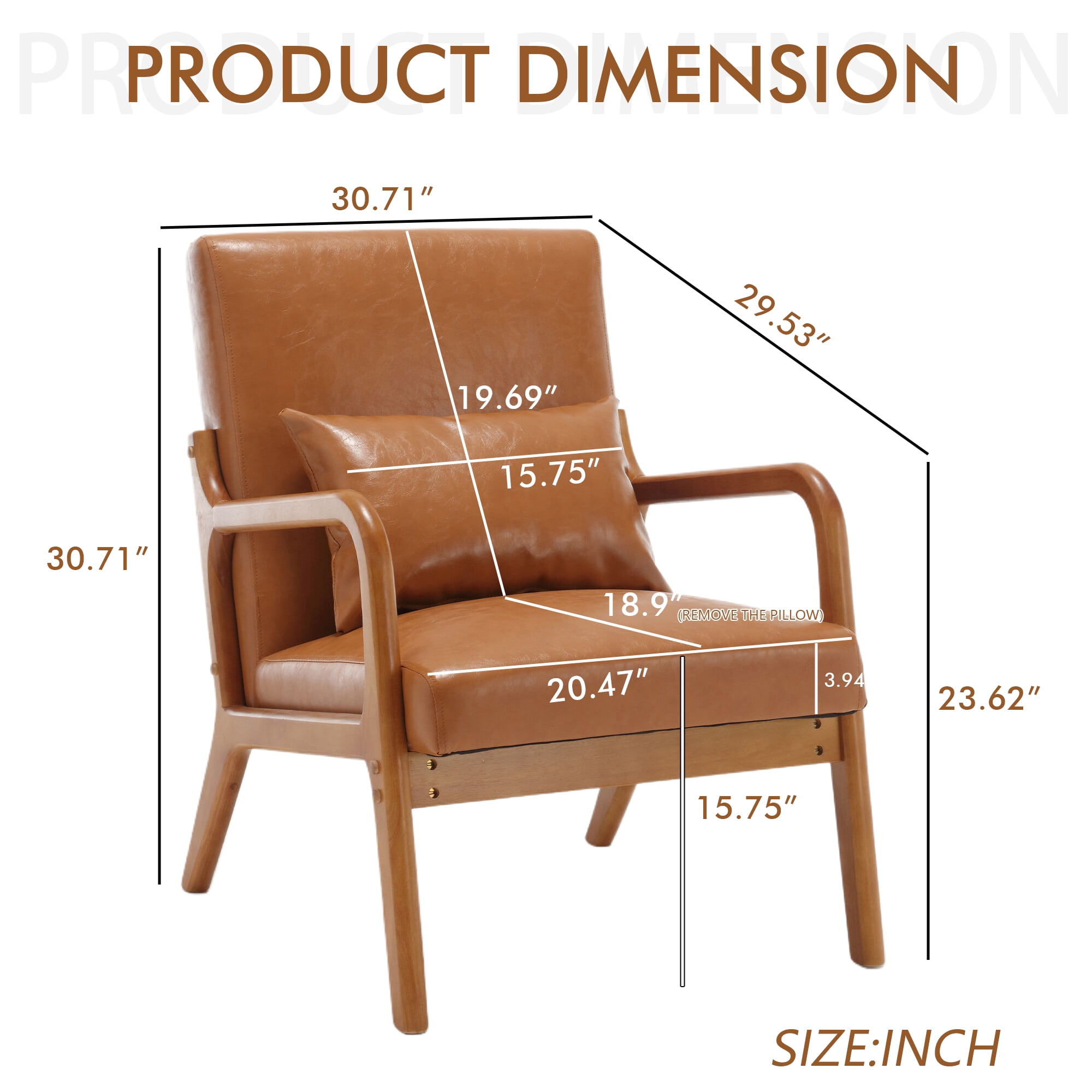 Miniyam Modern PU Leather Accent Chair, Solid Wood Lounge Reading Armchair With One Pillow for Living Room, Bedroom, Guest Room, Light Brown
