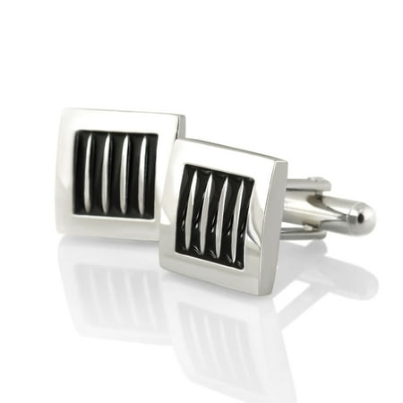 Zodaca Silver Square Cufflinks with 5 Black Stripes