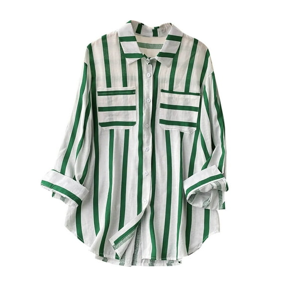 asdoklhq Fall Shirt Blouse for Women Casual 3/4 Sleeve Tops Women's Summer Casual Mid-length Vertical Striped Multi-colored Shirt Green S