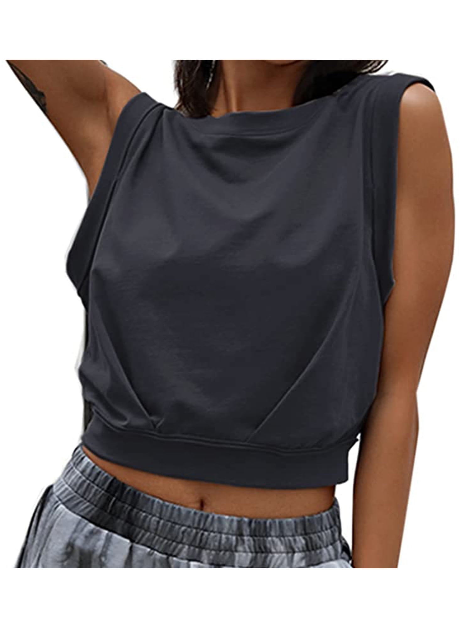 Womens Short Sleeve Crop T-Shirt Vest Round Neck Ladies Stretch Plain Blouse Top 