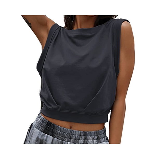 VISgogo, camisetas sin mangas deportivas cortas para mujer, Top corto de Yoga con cuello redondo liso sin mangas, chaleco de ombligo de entrenamiento de verano para mujer VISgogo moda
