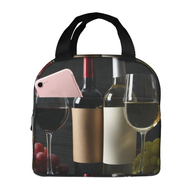 Fotbe Two Bottles Of Red And White Wine Bolsa Térmica con Estampado y Forro de Aluminio Grueso Bolsa de Almuerzo con Bolsillo Frontal para Hombres y Mujeres, Ideal para Trabajo, Escuela